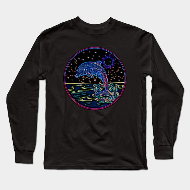 Neon dolphin at night Long Sleeve T-Shirt by UMF - Fwo Faces Frog